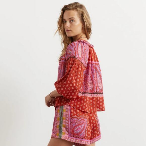 Boteh Kaleido Ruby Red Ruffle Smock Linen Cotton Peasant Blouse 1 S $235 - Picture 2 of 11